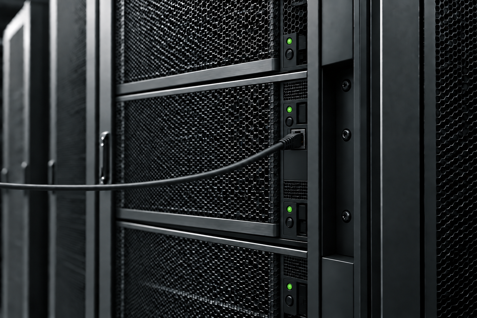 Close-up of server chassis with a connected Ethernet cable and green status lights